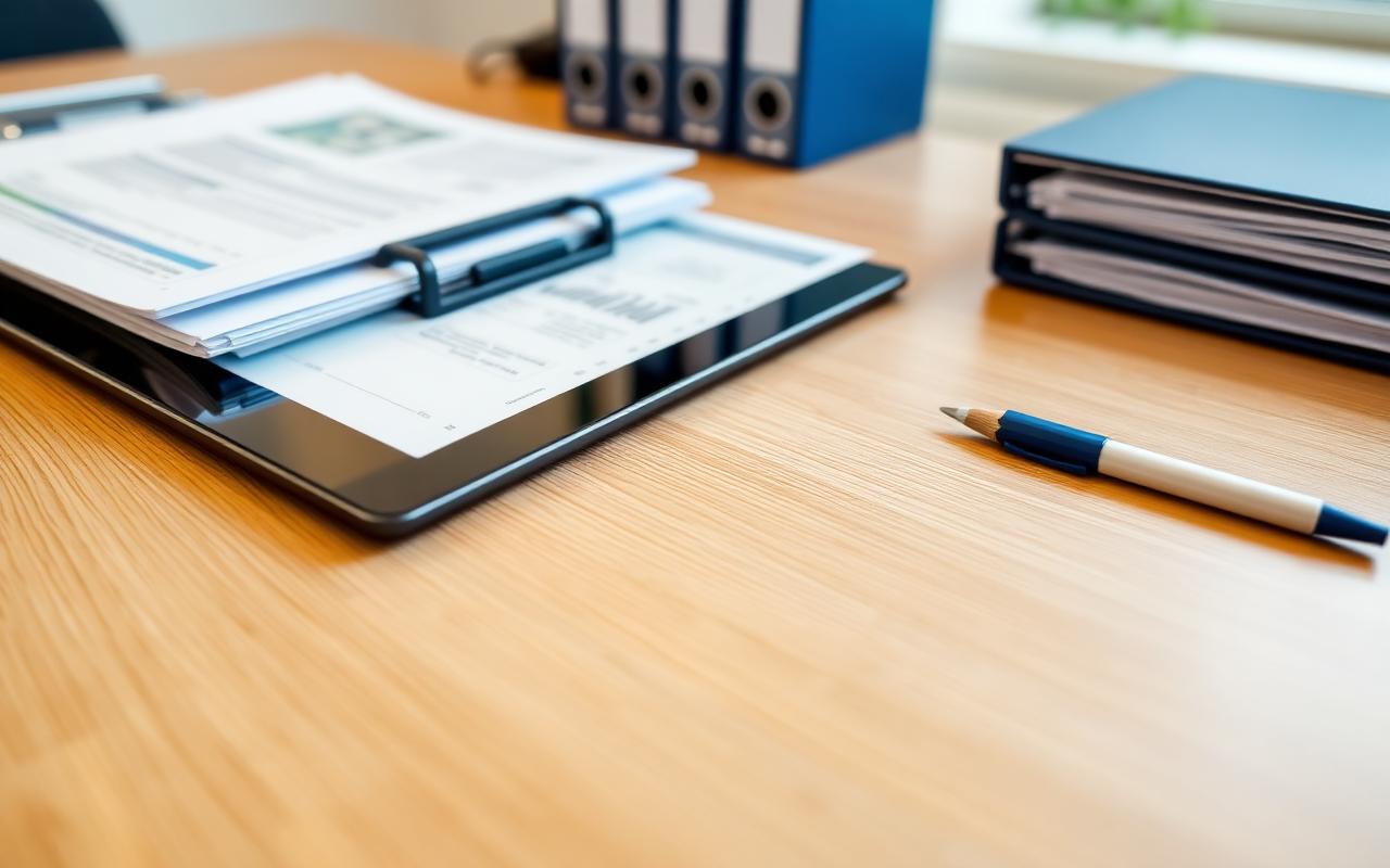 Geordnete Immobilienunterlagen, Tablet und Belege auf einem Tisch