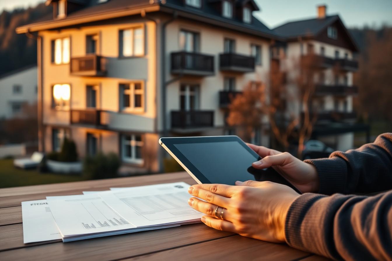 Schweizer Immobilie mit Tablet und Dokumenten